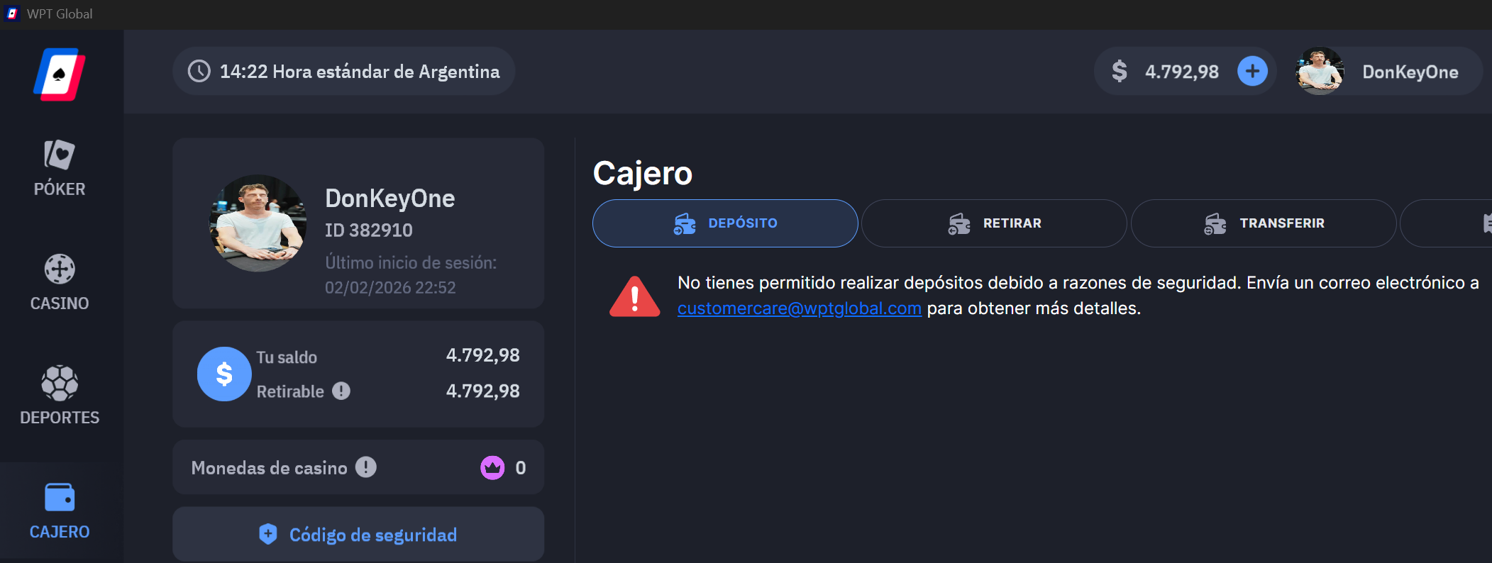 Ejemplo de captura correcta del cajero mostrando username y depósito
