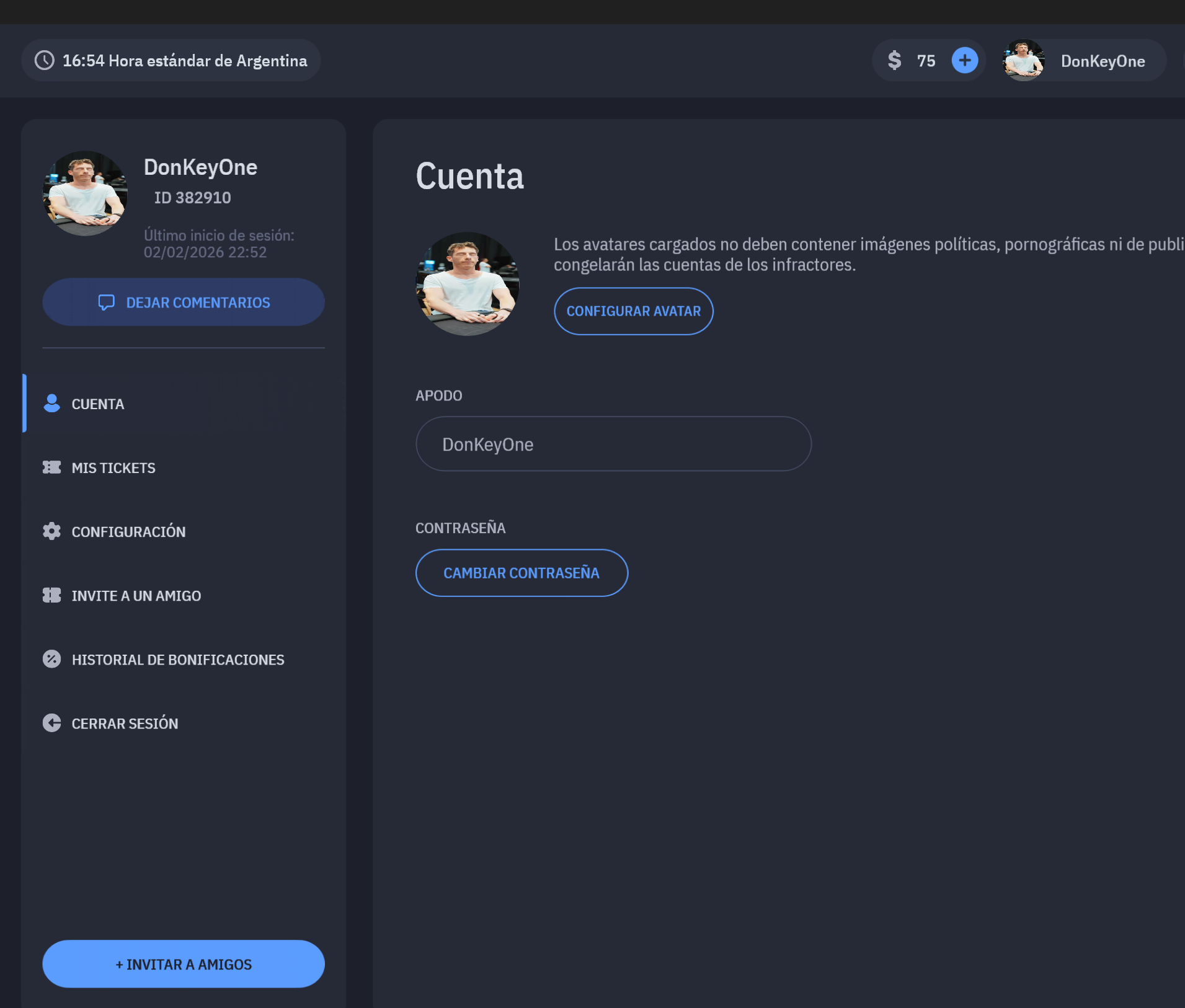 Ejemplo de captura correcta mostrando cuenta con username y saldo de $75